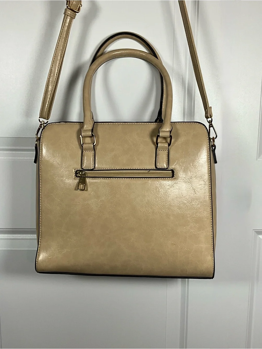 Neutral Beige Woven-Trim Satchel with Black Piping Faux Leather Braided Accent
